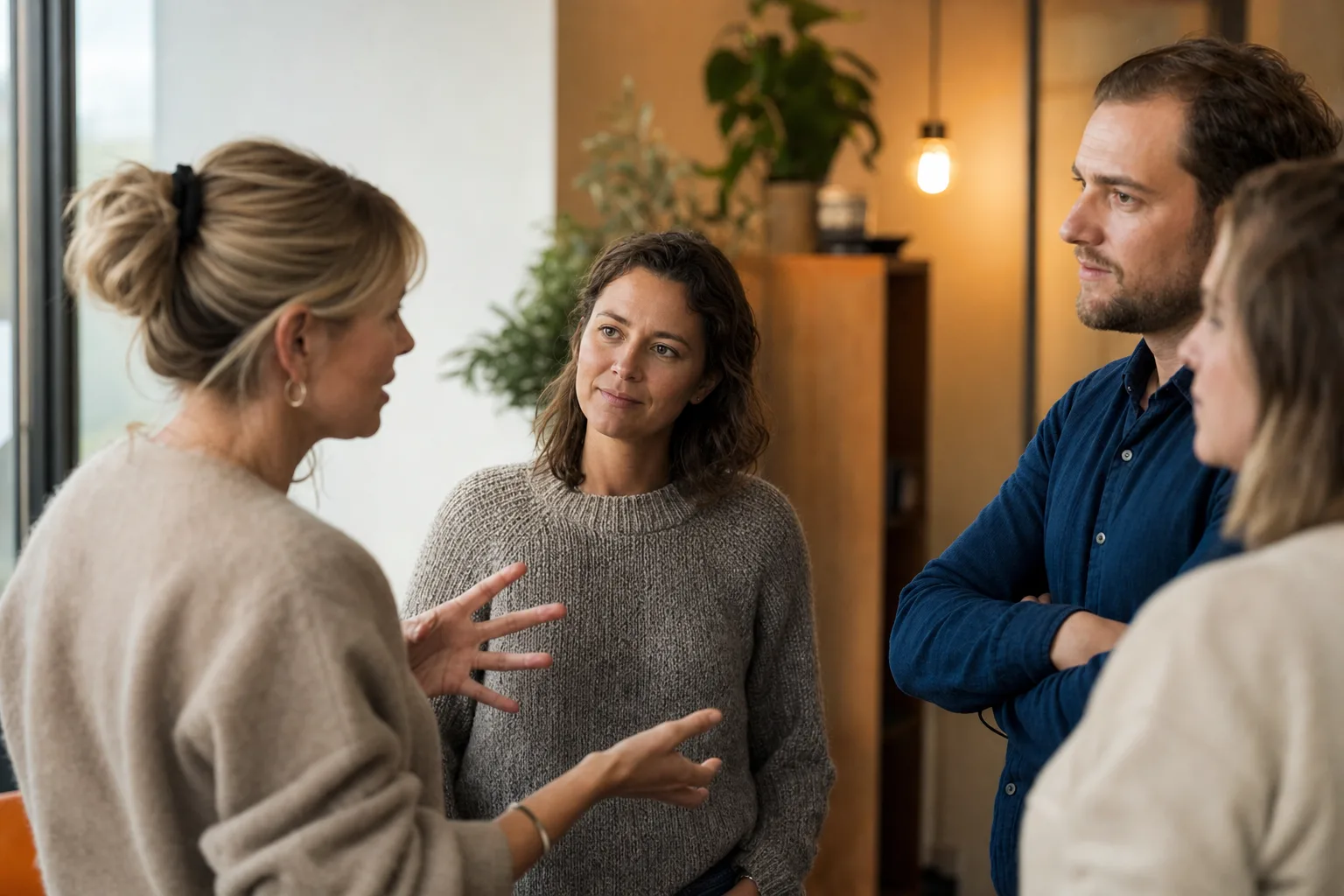 Deelnemers in gesprek tijdens een training op een buitenlocatie