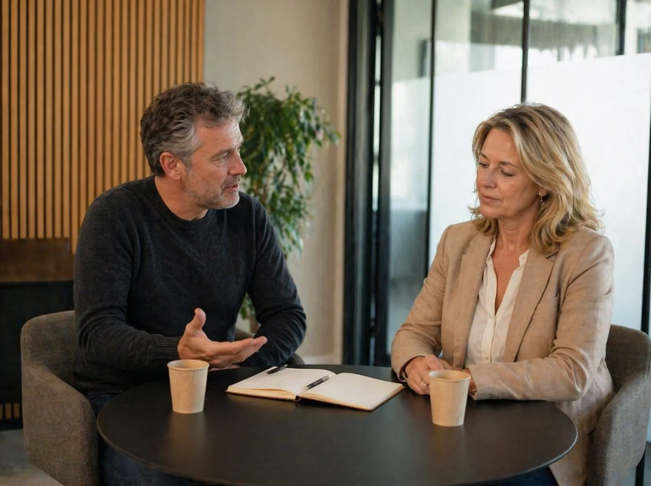 Trainer in gesprek met een HR-manager over de Quickscan