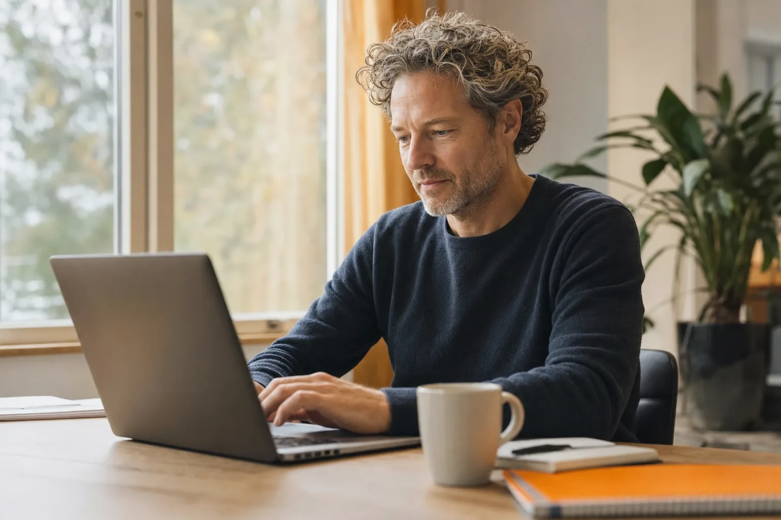 Medewerker werkt geconcentreerd aan een bureau bij daglicht