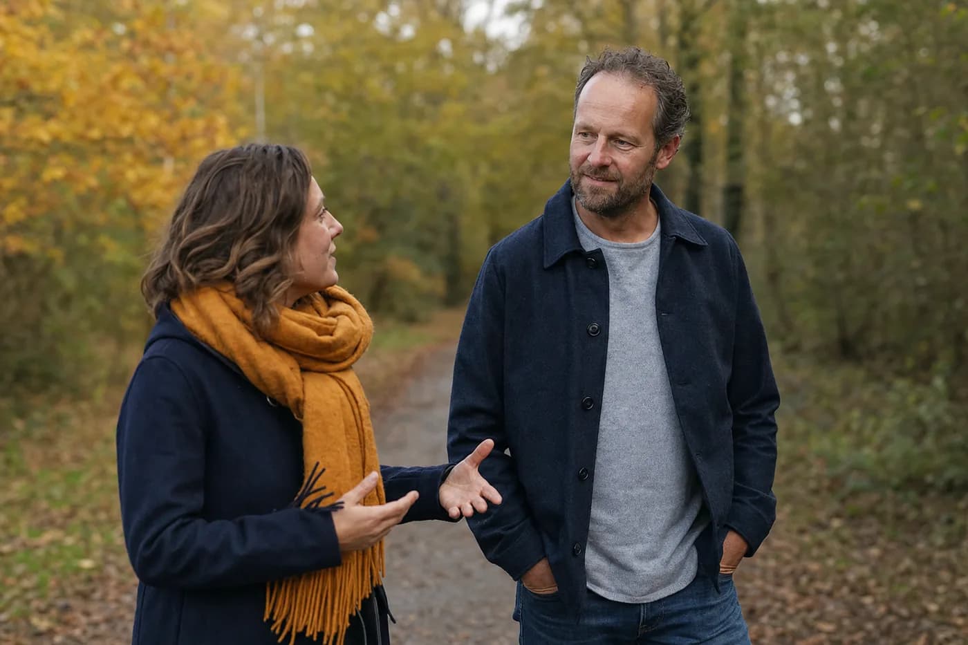 Deelnemer wandelt in gesprek met een trainer over een bospad