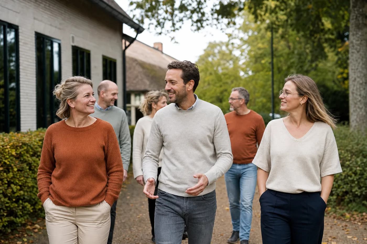 Collega's lopen buiten in gesprek tijdens een training over werkplezier